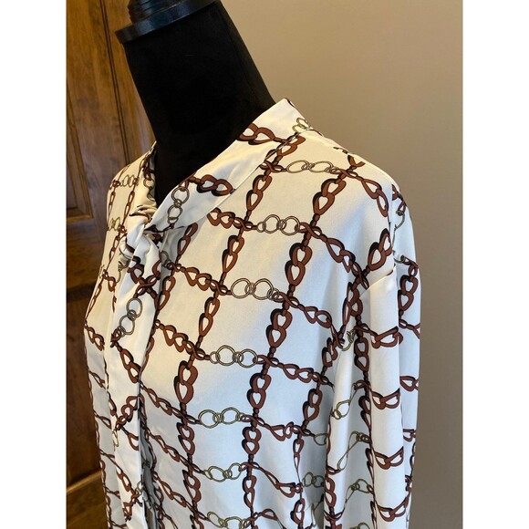 Talbots Blouse Chain Link Cream  Sz 3X Button Down  Top Tie@ Neck Cuffed Sleeve - Picture 2 of 12